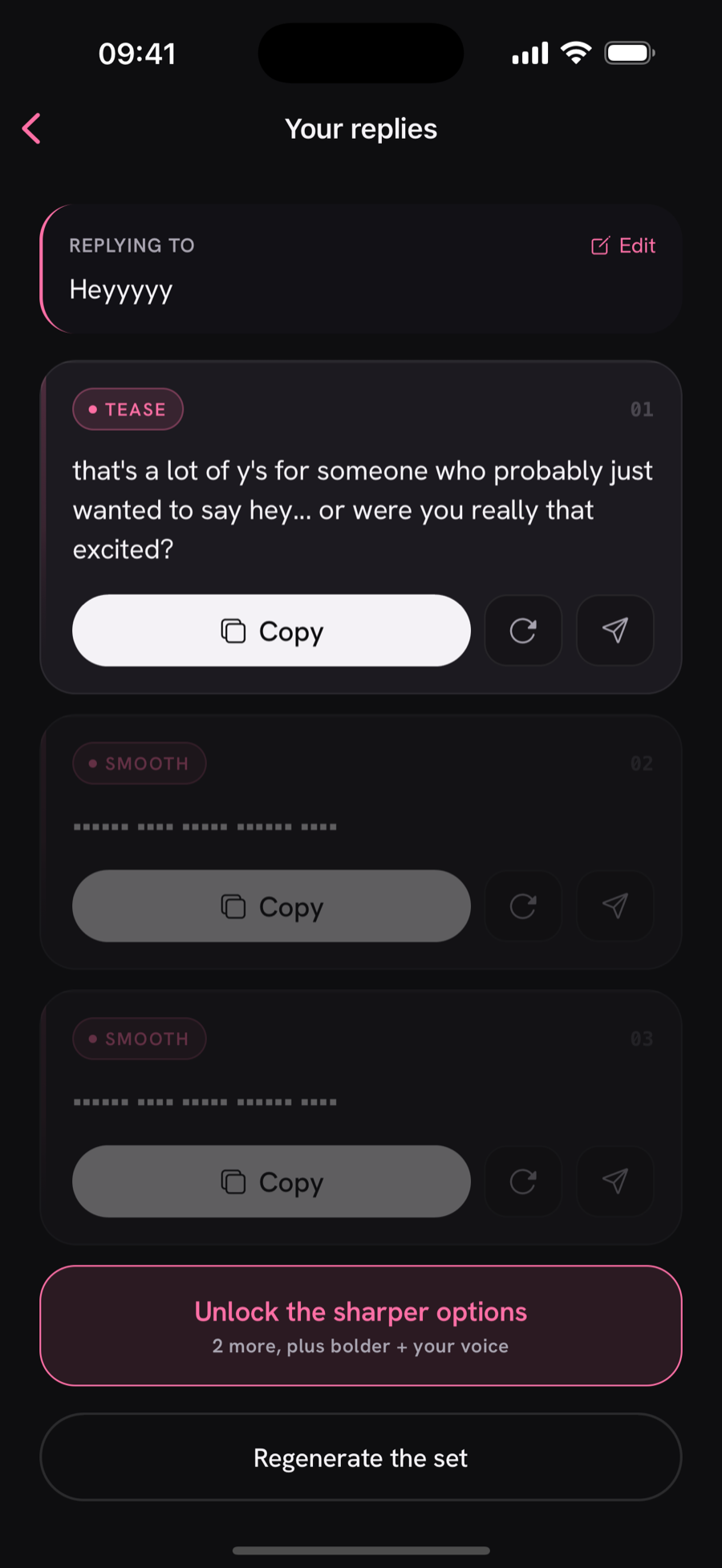 Chum writes three dating replies in your voice